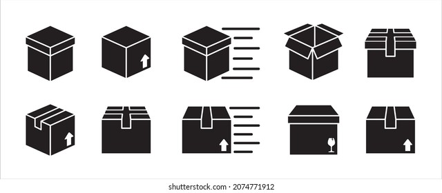 Markierungszeilensymbol. Vektorsymbole in Kartons. Leere geöffnete oder entboxte Illustration. Schnelles Lieferzeichen. Symbol für Geschenk oder Paket.