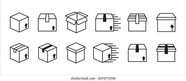 Box line icon set. Carton boxes vector icons set. Empty opened or unboxing illustration. Fast delivery shipping sign. Gift or parcel symbol. - Shutterstock ID 2074771930