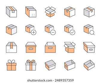 Box line icon set. Carton, cardboard boxes, product package, gift, parcel minimal vector illustrations. Simple outline signs for delivery service application. Blue color, Editable Strokes