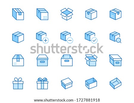 Box line icon set. Carton, cardboard boxes, product package, gift, parcel minimal vector illustrations. Simple blue outline signs for delivery service application. Editable Strokes.