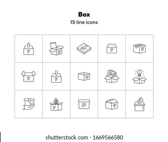 Conjunto de iconos de línea de cuadro. Concepto de entrega y embalaje.La ilustración de vector se puede utilizar para temas como oficina de correos, mensajería, logística