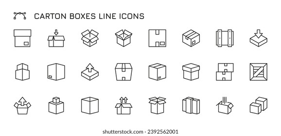 Iconos de línea de caja. Cartón de envío negro para paquete, caja vacía para artículos de entrega, embalaje de cartón para software de computadora. Conjunto aislado de vectores de la ilustración de envío de paquetes