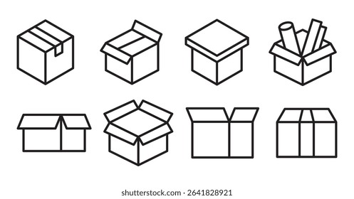 Box line icons. Empty open shipping box or unboxing line art. Carton boxes icon set. Stock vector. Vector illustration.