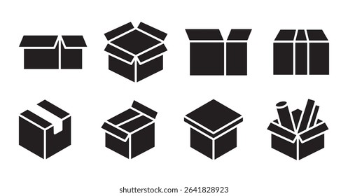Box line icons. Empty open shipping box or unboxing line art. Carton boxes icon set. Stock vector. Vector illustration.