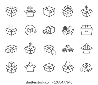 Box line icons. Package, delivery boxes, cargo box. Cargo distribution, export boxes, return parcel icons. Shipment of goods, purchase container, open package. Logistics goods. Vector