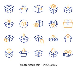 Box line icons. Package, delivery boxes, cargo box. Cargo distribution, export boxes, return parcel icons. Shipment of goods, purchase container, open package. Logistics goods. Vector