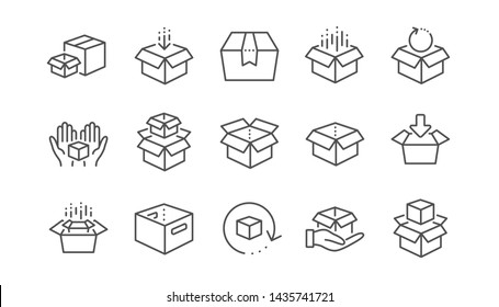 Box line icons. Package, delivery boxes, cargo box. Cargo distribution, export boxes, return parcel icons. Shipment of goods, open package. Linear set. Vector - Shutterstock ID 1435741721