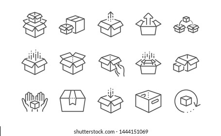 Box line icons. Package, delivery boxes, cargo box. Cargo distribution, export boxes, return parcel icons. Shipment of goods, open package. Linear set. Vector