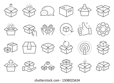 Box line icons. Package, delivery boxes, cargo box. Cargo distribution, export boxes, return parcel icons. Shipment of goods, purchase container, open package. Logistics goods. Line signs set. Vector