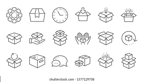 Box line icons. Package, delivery boxes, cargo box. Cargo distribution, export boxes, return parcel icons. Shipment of goods, open package. Linear set. Quality line set. Vector