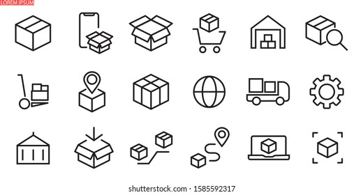 Box line icons. Package, delivery boxes, cargo box. Cargo distribution, export boxes, return parcel icons. Shipment of goods, open package. Linear set. Vector