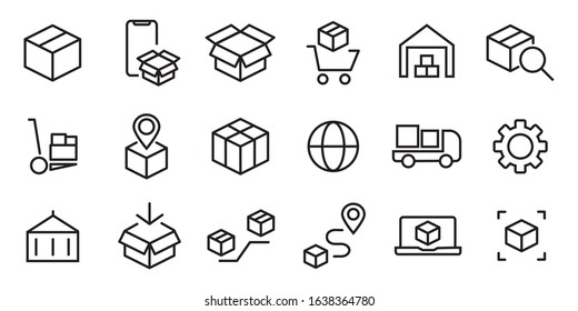 Box line icons. Package, delivery boxes, cargo box. Cargo distribution, export boxes, return parcel icons. Shipment of goods, open package. Linear set. Vector