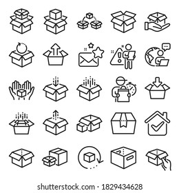 Box line icons. Package, delivery boxes, cargo box. Cargo distribution, export boxes, return parcel icons. Shipment of goods, purchase container, open package. Logistics goods. Line icon set. Vector