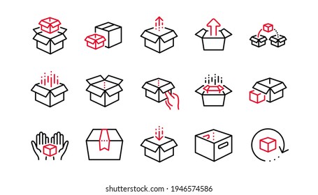 Box line icons. Package, delivery boxes, cargo box. Cargo distribution, export boxes, return parcel icons. Shipment of goods, open package. Linear set. Linear set. Quality line set. Vector
