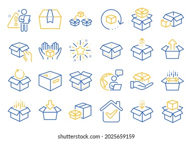 Box line icons. Package, delivery boxes, cargo box. Cargo distribution, export boxes, return parcel icons. Shipment of goods, purchase container, open package. Logistics goods. Line icon set. Vector