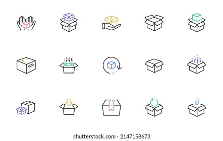 Box line icons. Package, delivery boxes, cargo box. Cargo distribution, export boxes, return parcel icons. Shipment of goods, open package. Linear set. Bicolor outline web elements. Vector