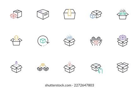 Markierungslinien-Symbole. Verpackung, Lieferschachteln, Frachtkasten. Ladungsverteilung, Exportkästen, Paketsymbole zurückgeben. Versand der Waren, offene Verpackung. Lineares Set. Bicolor umreißt Web-Elemente. Vektorgrafik