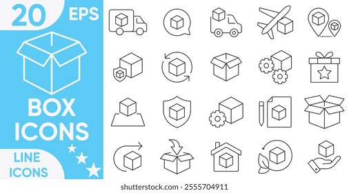 Box line icons. Package, delivery boxes, cargo box.Outline icons with parcel, box, delivery and so on. Vector and illustrator set.
