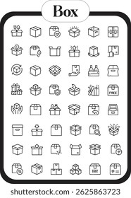 Box line icons. Package, delivery boxes, cargo box. Cargo distribution, export boxes, return parcel icons. Shipment of goods, open package. Linear set. Vector