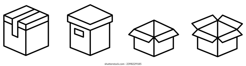 Box line icons set. Carton boxes icon set. Set of shipping, delivery box or container icons. Vector icons set in white background. Vector Illustration. Vector Graphic. EPS 10
