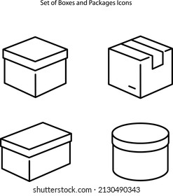 Iconos de línea de caja establecidos en fondo blanco. Paquete, cajas de entrega, caja de carga. Distribución de carga, exportar cuadros, devolver iconos de paquete. Envío de mercancías, contenedor de compra, paquete abierto. Conjunto de iconos de línea.
