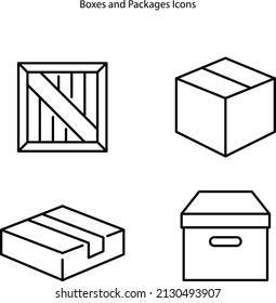 Box line icons set on white background. Package, delivery boxes, cargo box. Cargo distribution, export boxes, Shipment of goods, purchase container, open package. 