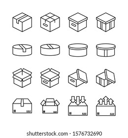 Box line icons set vector illustration. Open package, merchandise,  shiping, upload, carton, wood boxes, product. Simple outline signs for delivery service. Pixel perfect. Editable Strokes.