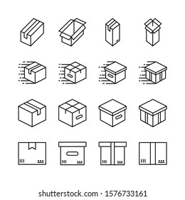 Box line icons set vector illustration. Open package, merchandise,  shiping, upload, carton, wood boxes, product. Simple outline signs for delivery service. Pixel perfect. Editable Strokes.