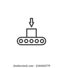 Box loading on conveyor belt line icon. linear style sign for mobile concept and web design. Automatic Packing conveyor outline vector icon. Symbol, logo illustration. Vector graphics