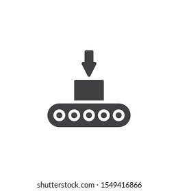 Box loading on conveyor belt vector icon. filled flat sign for mobile concept and web design. Automatic Packing conveyor glyph icon. Symbol, logo illustration. Vector graphics