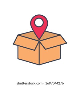 box with location pin icon over white background, line and fill style, vector illustration