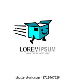 Logotipo de caja, diseño de plantillas de logotipo de entrega rápida con un cuadro en ejecución