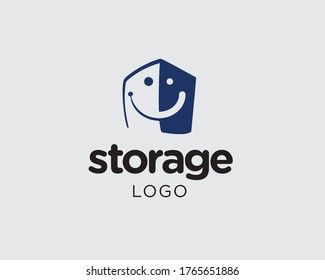 Logo de caja con el concepto de plantilla de cara sonriente. Icono de cuadro sonriente para el negocio del almacenamiento de información. Logo de cuadro sonriente para negocios de almacenamiento de archivos. Caja con símbolo vectorgráfico de cara sonriente.