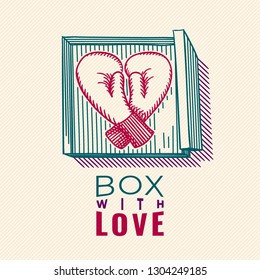 Box with Love Heart Shape Colored Sketch Style Boxing Gloves and Box with Logo Lettering Valentines Day Comic Concept - Red and Turquoise on Yellow Striped Background - Vector Hand Drawn Design