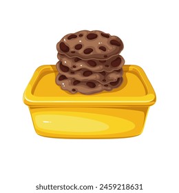 Box for lunch food and stack of chocolate cookies, cartoon lunchbox kit. Funny yellow plastic container with closed lid and biscuits for dessert, snacks for kids lunch cartoon vector illustration