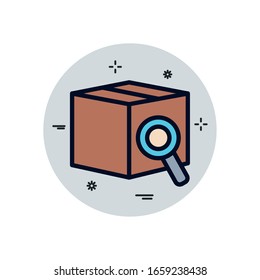 Box and lupe fill block style icon design, Delivery logistics transportation shipping service warehouse industry and global theme Vector illustration