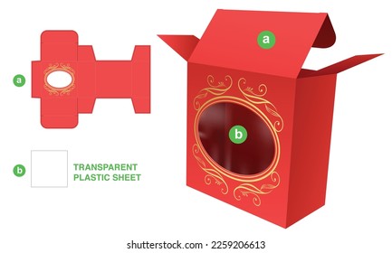 Box with luxury ellipse frame window die cut template and 3D mockup