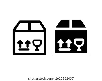 Box und m line Web Icon Set. Kollektion von Gliederungssymbolen.  Kartons aus Cartoon. Faltschachtel, offene und geschlossene Versandverpackung mit zerbrechlichen Zeichen, Paketzustellungsbox. Einfache Vektorgrafik