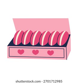 Caja de macarrones. Envase dibujado a mano lindo de galletas rosadas con corazones. Ilustración vectorial para el día de San Valentín, panadería, repostería, arte romántico o coqueta.