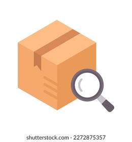 Box with magnifying glass icon. Delivery and logistics. Package tracking sign. Cardboard box under magnifier.