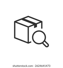 Box with magnifying glass, linear icon. Parcel tracking or product inspection. Line with editable stroke.