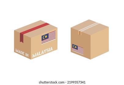 box with Malaysia flag icon set, cardboard delivery package made in Malaysia