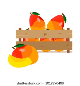 Box with mango, wooden, fruit, fresh, natural, vector.