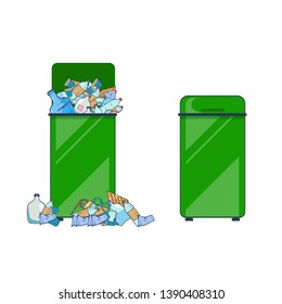 Box with many plastic trash and empty box, vector illustration isolated on white background