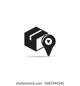 Caja con icono de pin de mapa sobre fondo blanco