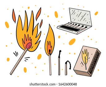 Box of matches, burning and extinct match. Hand drawn vector illustration. Isolated on white background.