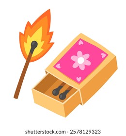 Box of matches and a burning match. Cute simple illustration, white background.	