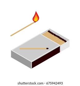 Box of matches. Burning match. Flat 3d vector isometric illustration.