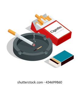 Box Of Matches, Cigarettes Pack, Cigarette On White Isolated Background. Flat 3d Vector Isometric Illustration.