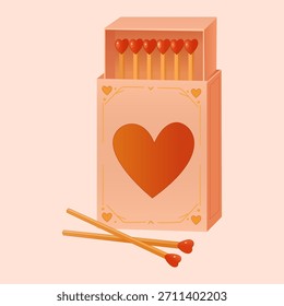 Caja de fósforos con diseño de corazón y dos fósforos sueltos